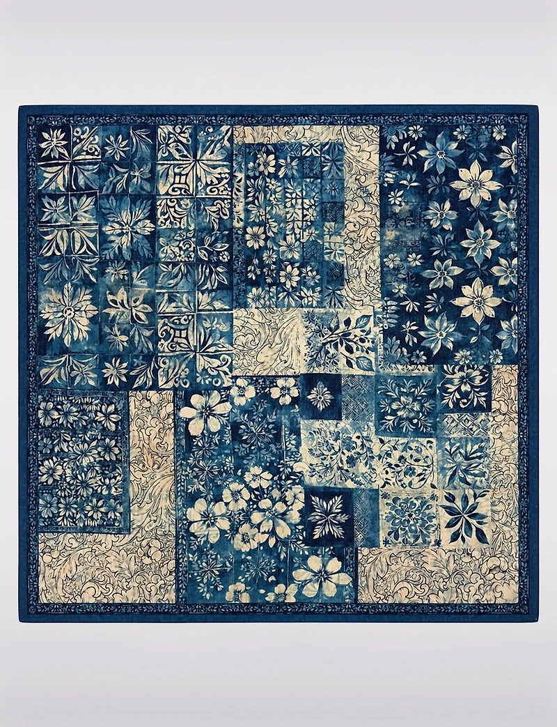 Lightweight Chiffon Square Scarf - Blue Floral Patch Border Print Fashion Wrap