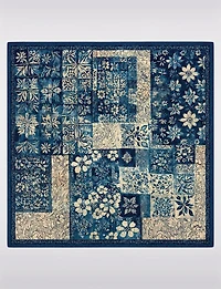 Lightweight Chiffon Square Scarf - Blue Floral Patch Border Print Fashion Wrap