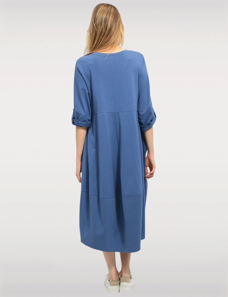 Relaxed Fit Bubble-Hem Cotton Dress -Long Sleeve & Patch Pockets by Froccella