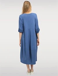 Relaxed Fit Bubble-Hem Cotton Dress -Long Sleeve & Patch Pockets by Froccella