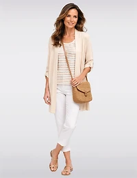 Elegant Long Crinkle Cardigan with Draped Front Adjustable Sleeves by Froccella