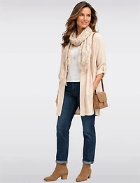 Elegant Long Crinkle Cardigan with Draped Front Adjustable Sleeves by Froccella