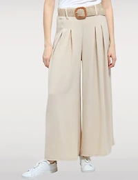 Lightweight Wide-Leg Pull-On Stretch Pants with Raffia Buckle Belt by Froccella
