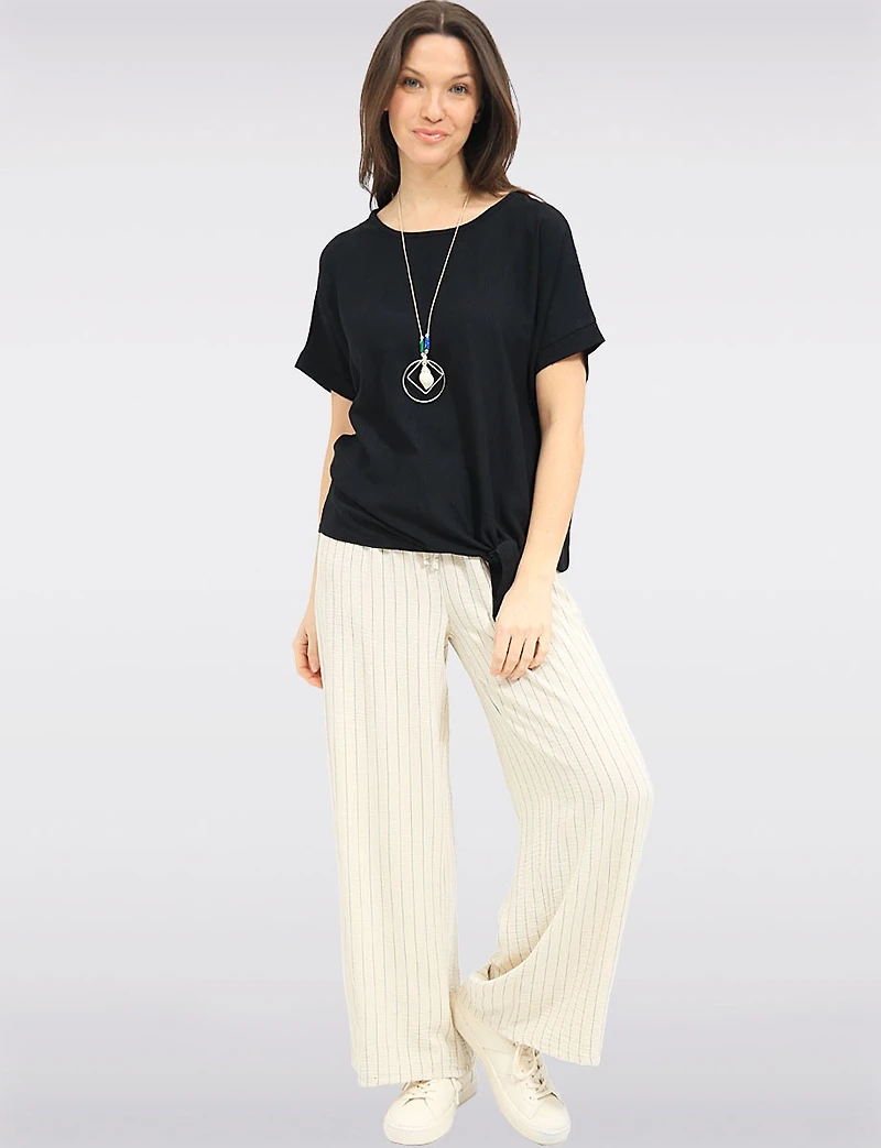 Chic Wide-Leg Striped Pants with Elastic Waistband & Front Pockets by Froccella