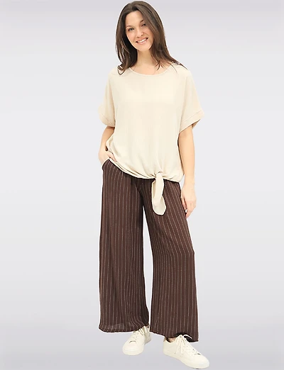 Chic Wide-Leg Striped Pants with Elastic Waistband & Front Pockets by Froccella