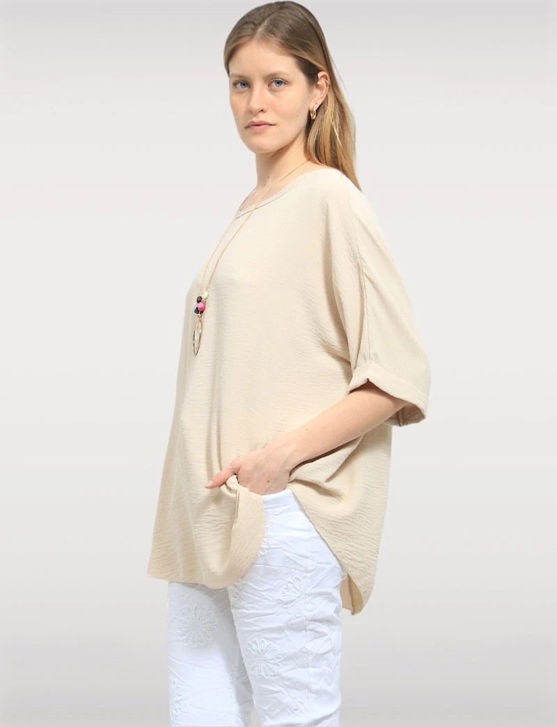 Flowy Relaxed Drop-Shoulder Short Dolman Sleeve Top with Necklace by Froccella