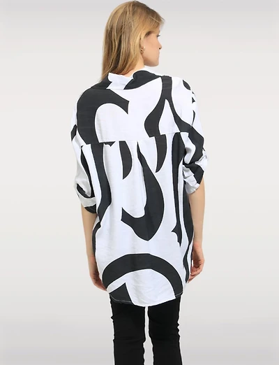 Flowy Printed Swirl Top with Adjustable 3/4 Sleeves & Shirt Collar by Froccella