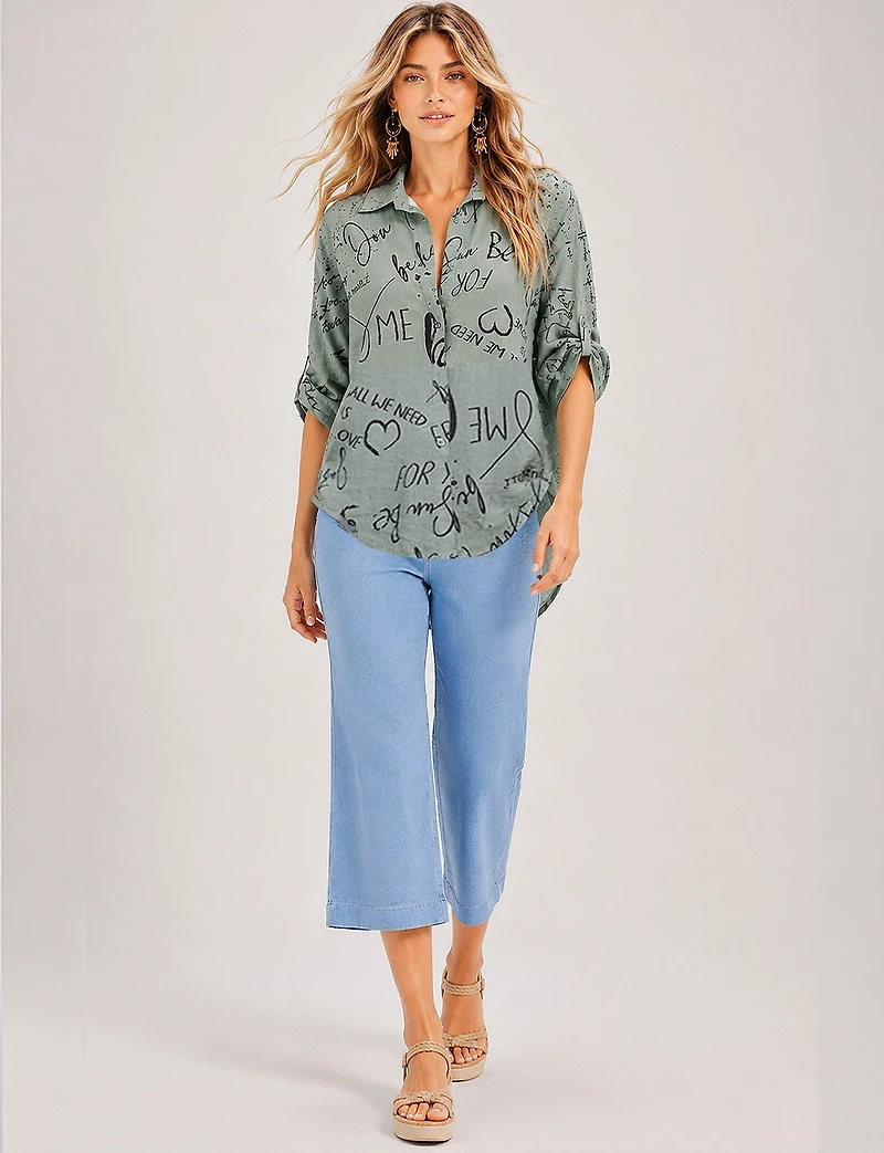 Elegant High-Low Button-Up Shirt with Abstract Script Design by Froccella