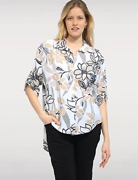 Elegant Floral Print 3/4-Sleeve Flowy Button-Up Blouse by Froccella