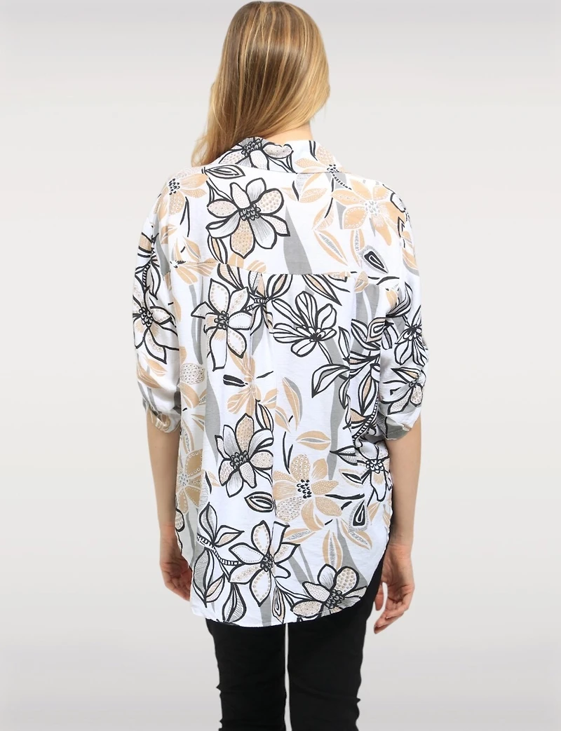 Elegant Floral Print 3/4-Sleeve Flowy Button-Up Blouse by Froccella