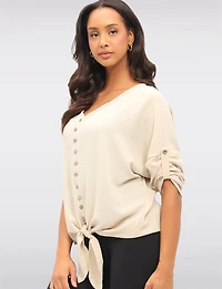 Crinkled Solid Button Down V-Neck Front Tie Blouse by Froccella