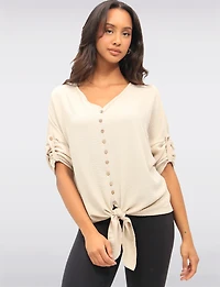 Crinkled Solid Button Down V-Neck Front Tie Blouse by Froccella