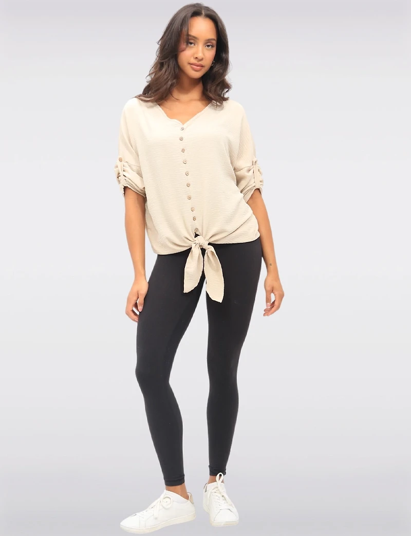 Crinkled Solid Button Down V-Neck Front Tie Blouse by Froccella
