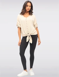 Crinkled Solid Button Down V-Neck Front Tie Blouse by Froccella
