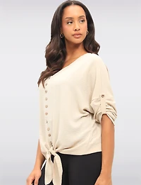 Crinkled Solid Button Down V-Neck Front Tie Blouse by Froccella