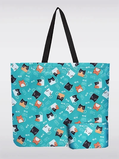 Reusable Foldable Teal Blue Tote Cat Print | Compact & Recycled Shopping Bag