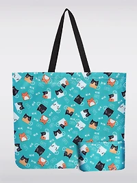 Reusable Foldable Teal Blue Tote Cat Print | Compact & Recycled Shopping Bag