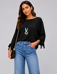 Round Neck Loose Fit Tie Sleeve Top with Elegant Necklace by Froccella