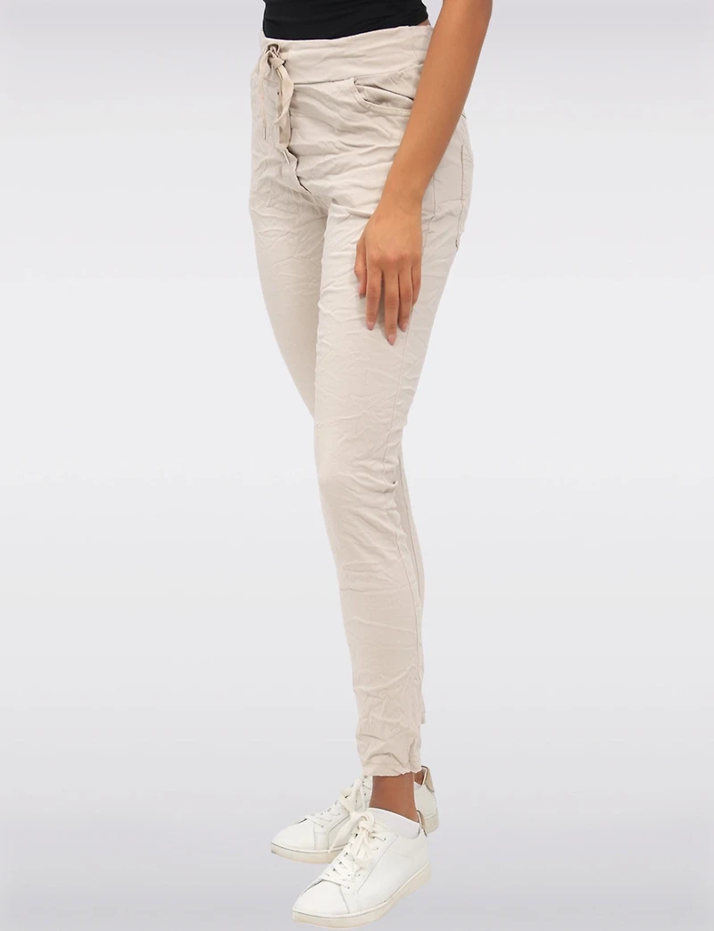 Crinkled Solid Stretch Slim Fit Drawstring Waist Pants by Froccella