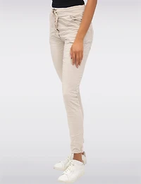 Crinkled Solid Stretch Slim Fit Drawstring Waist Pants by Froccella
