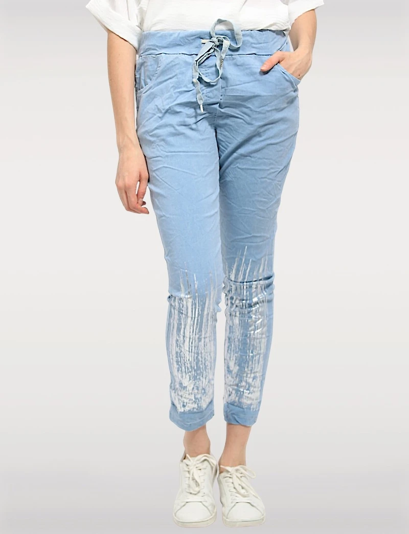 Slim Fit Crinkled Adjustable Waistband Pants with Foil Cuff Accents by Froccella