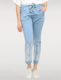 Slim Fit Crinkled Adjustable Waistband Pants with Foil Cuff Accents by Froccella