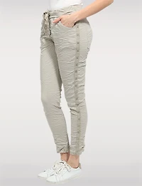 Slim-Fit Crinkled Stretch Pants with Stud Detail & Drawstring Waist by Froccella