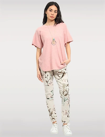Crinkled Beige Floral Print Stretch Slim Fit Pull-on Pants by Froccella