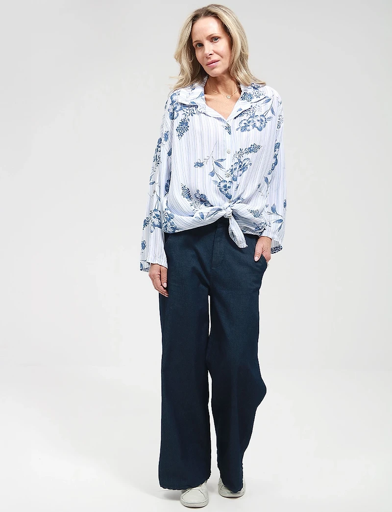 Striped Floral-Blend Button-Up Blouse with Adjustable 3/4 Sleeves by Froccella