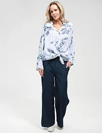 Striped Floral-Blend Button-Up Blouse with Adjustable 3/4 Sleeves by Froccella