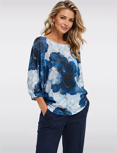 Blue Floral Print Fine-Knit 3/4 Dolman Sleeve Boatneck Sweater by Froccella