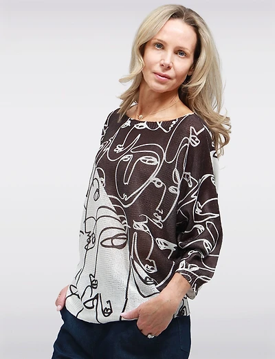 Chic B&W Printed Fine-Knit 3/4 Dolman Sleeve Boatneck Sweater by Froccella