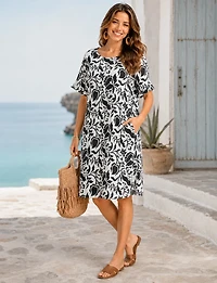 Froccella Relaxed Printed Midi Dress Tunic with Pockets Cap-Sleeve & Scoop Neck