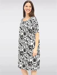 Froccella Relaxed Printed Midi Dress Tunic with Pockets Cap-Sleeve & Scoop Neck