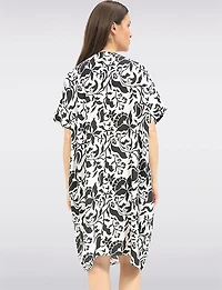 Froccella Relaxed Printed Midi Dress Tunic with Pockets Cap-Sleeve & Scoop Neck