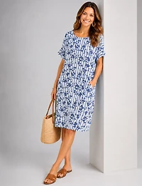 Froccella Striped Floral Print Cap-Sleeve  Tunic Relaxed Midi Dress With Pockets