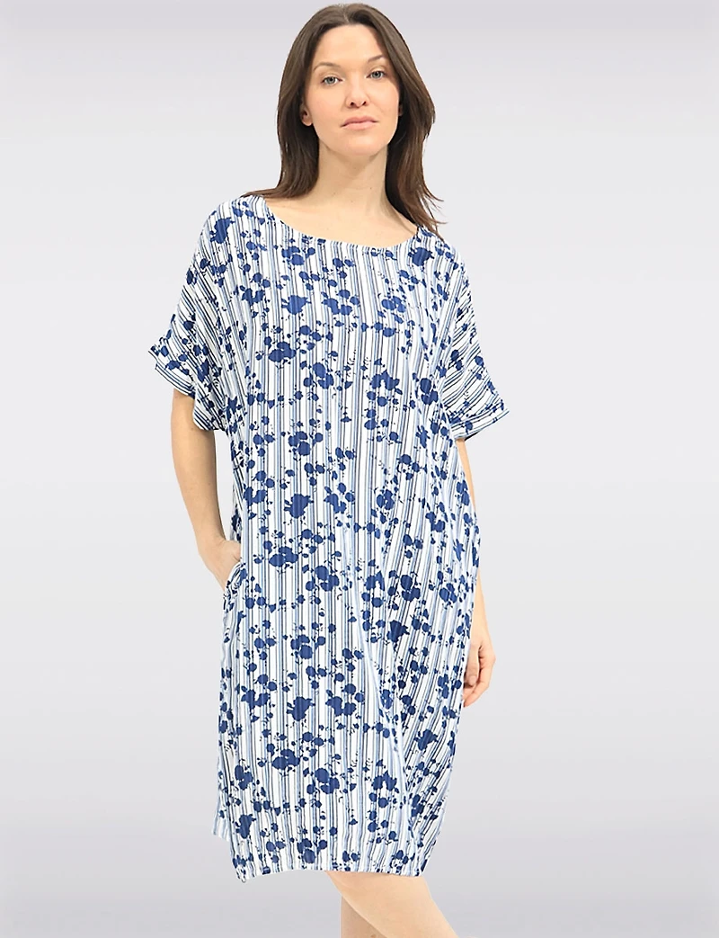 Froccella Striped Floral Print Cap-Sleeve  Tunic Relaxed Midi Dress With Pockets