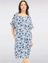 Froccella Striped Floral Print Cap-Sleeve  Tunic Relaxed Midi Dress With Pockets