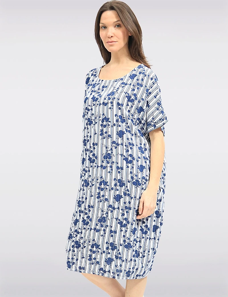 Froccella Striped Floral Print Cap-Sleeve  Tunic Relaxed Midi Dress With Pockets