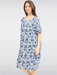 Froccella Striped Floral Print Cap-Sleeve  Tunic Relaxed Midi Dress With Pockets