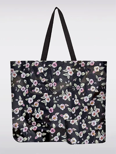 Reusable Foldable Black Rose Print Tote | Compact & Recycled Shopping Bag