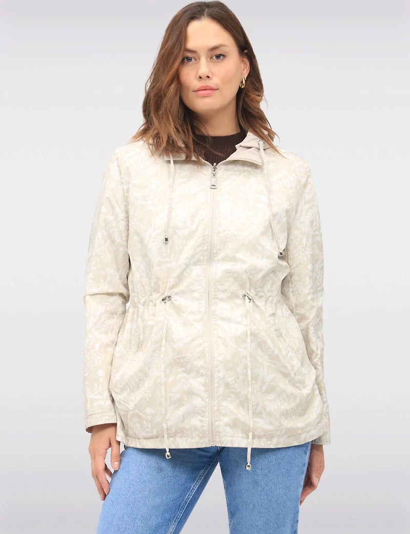 Reversible Cinch-Waist Hooded Anorak with Solid-Floral Pattern by Froccella
