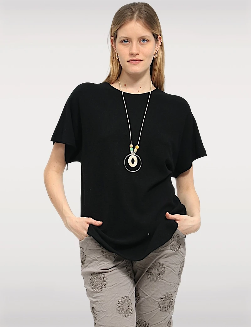 Soft Knit Round-Neck Short-Sleeve Top with Rounded Hem & Necklace by Froccella