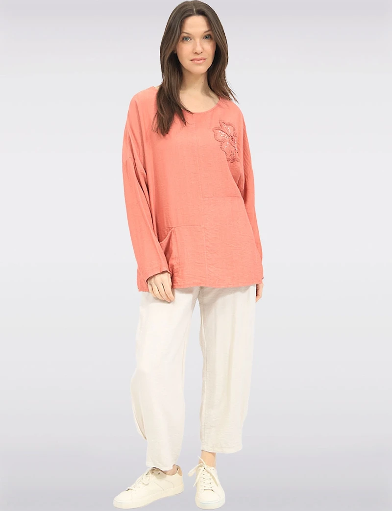 Lightweight Flowy Pull-On Pants with Floral Appliqué & Sequins by Froccella