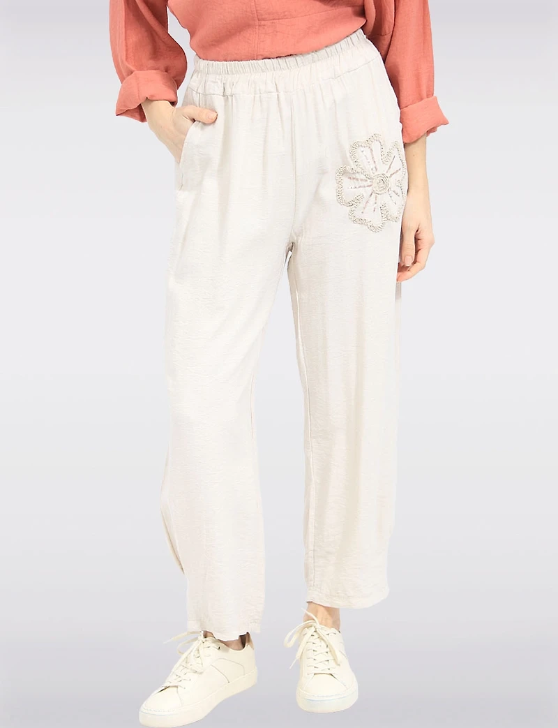 Lightweight Flowy Pull-On Pants with Floral Appliqué & Sequins by Froccella