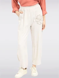 Lightweight Flowy Pull-On Pants with Floral Appliqué & Sequins by Froccella