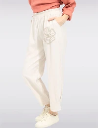 Lightweight Flowy Pull-On Pants with Floral Appliqué & Sequins by Froccella