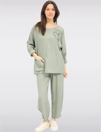 Lightweight Flowy Pull-On Pants with Floral Appliqué & Sequins by Froccella