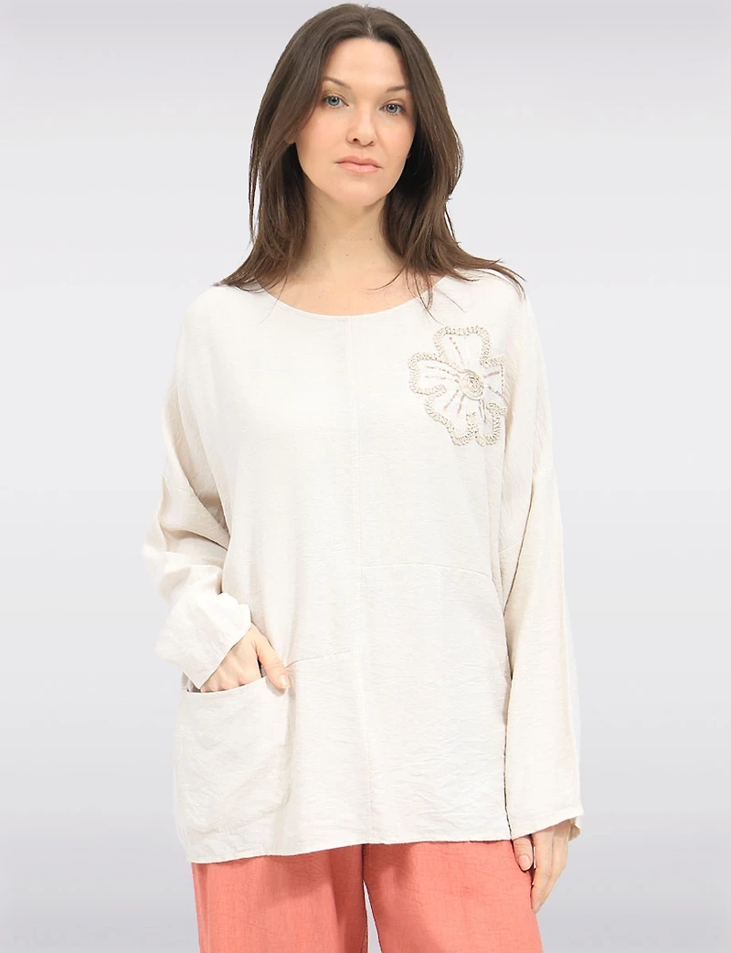 Crinkled Flowy 3/4-Sleeve Top with Floral Appliqué Sequins & Pocket by Froccella