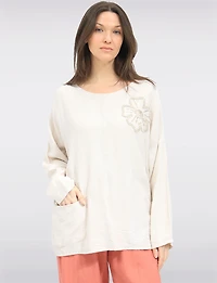 Crinkled Flowy 3/4-Sleeve Top with Floral Appliqué Sequins & Pocket by Froccella